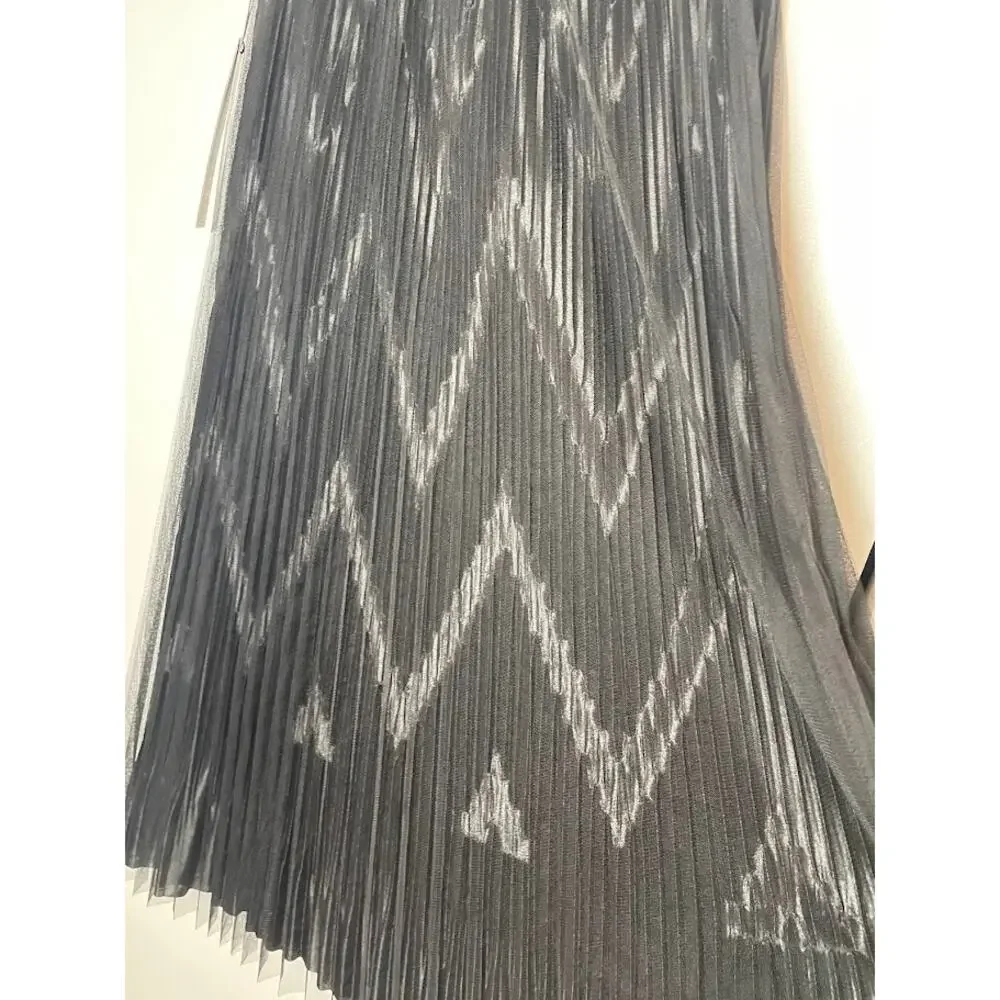Shengsili‎ Womens Black Pleated Midi Skirt New Chevron Striped Whimsygoth Small